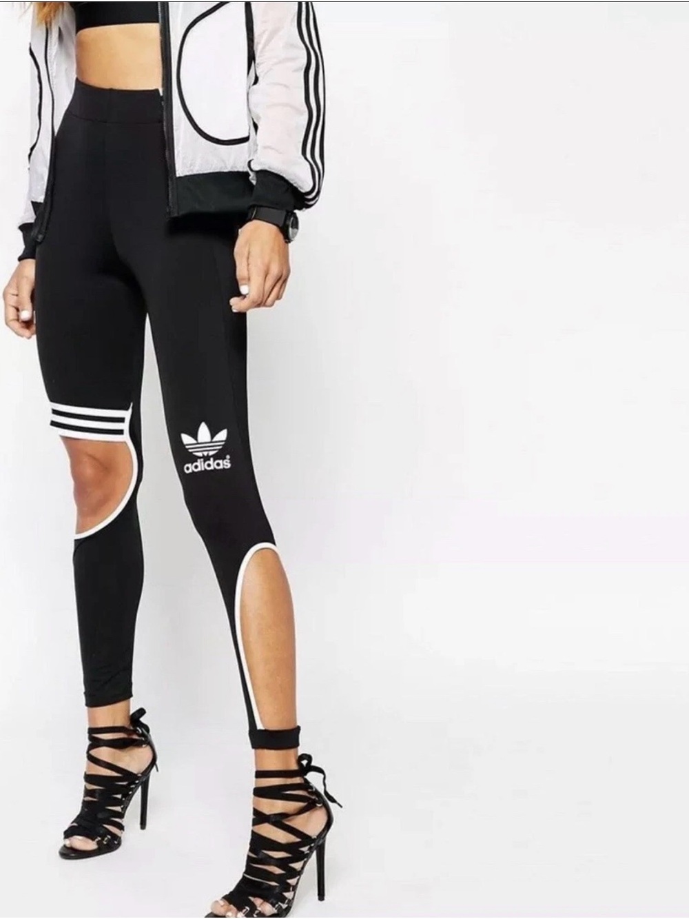 adidas Black Leggings with White Trim and Cut-Outs